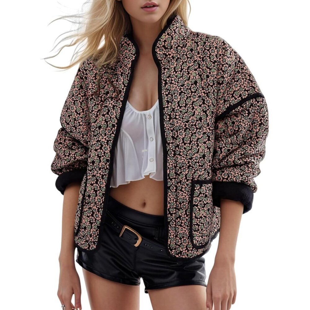 🆕Women Green floral Cropped Puffer Quilted Jacket Floral Print Lightweight Coat